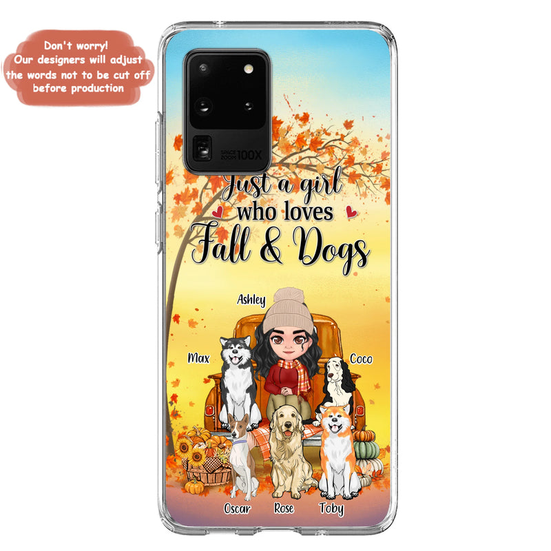 Personalized Dog Mom Fall Season Phone Case - Autumn Gift Idea For Dog Owners - Up to 5 Dogs - Case For iPhone/Samsung - Just A Girl Who Loves Fall & Dogs