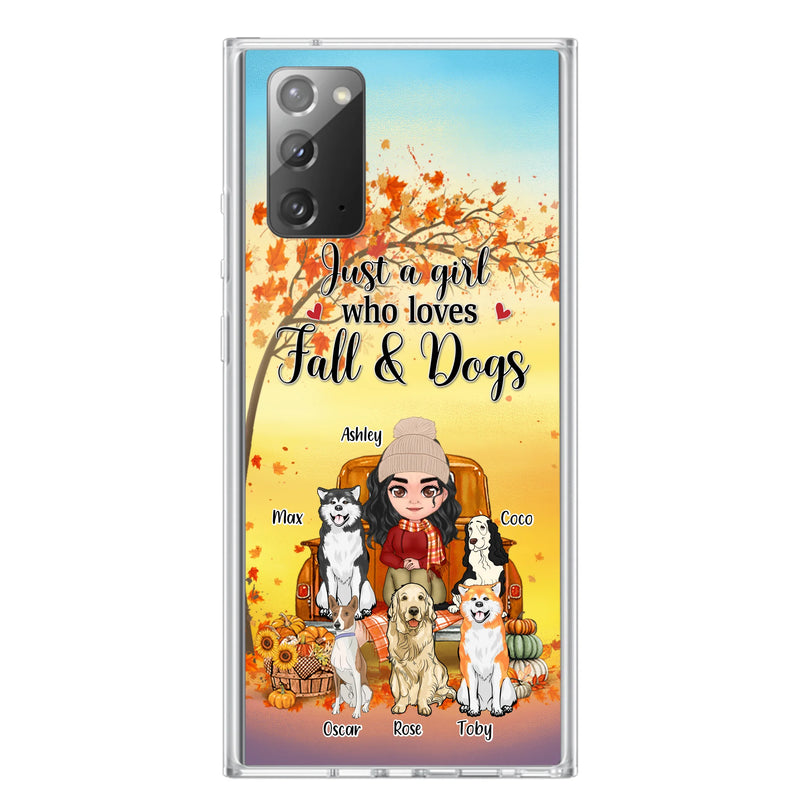 Personalized Dog Mom Fall Season Phone Case - Autumn Gift Idea For Dog Owners - Up to 5 Dogs - Case For iPhone/Samsung - Just A Girl Who Loves Fall & Dogs