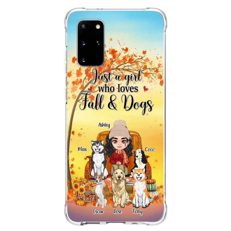 Personalized Dog Mom Fall Season Phone Case - Autumn Gift Idea For Dog Owners - Up to 5 Dogs - Case For iPhone/Samsung - Just A Girl Who Loves Fall & Dogs