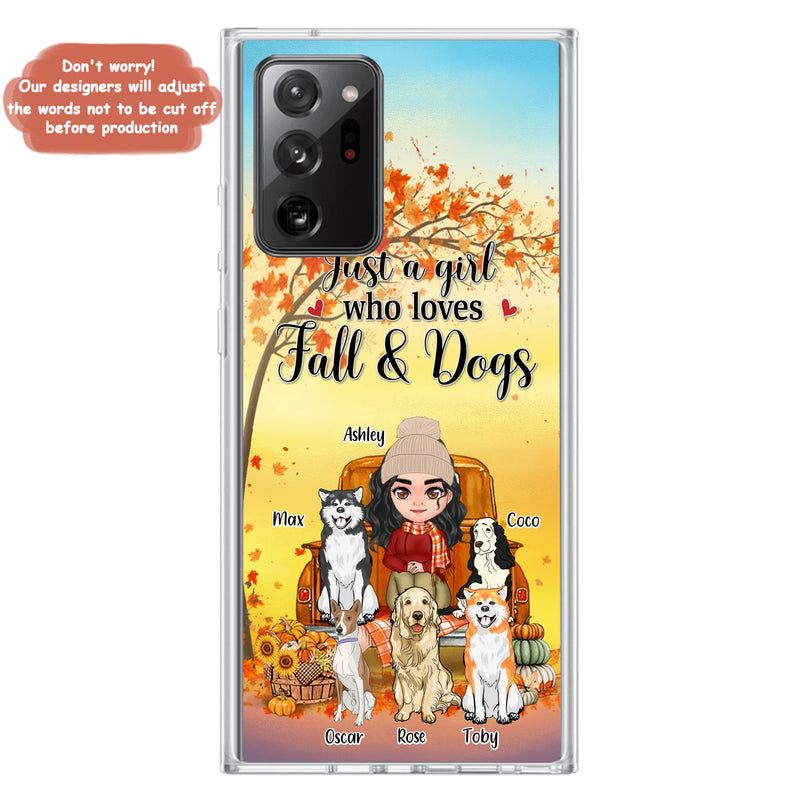 Personalized Dog Mom Fall Season Phone Case - Autumn Gift Idea For Dog Owners - Up to 5 Dogs - Case For iPhone/Samsung - Just A Girl Who Loves Fall & Dogs