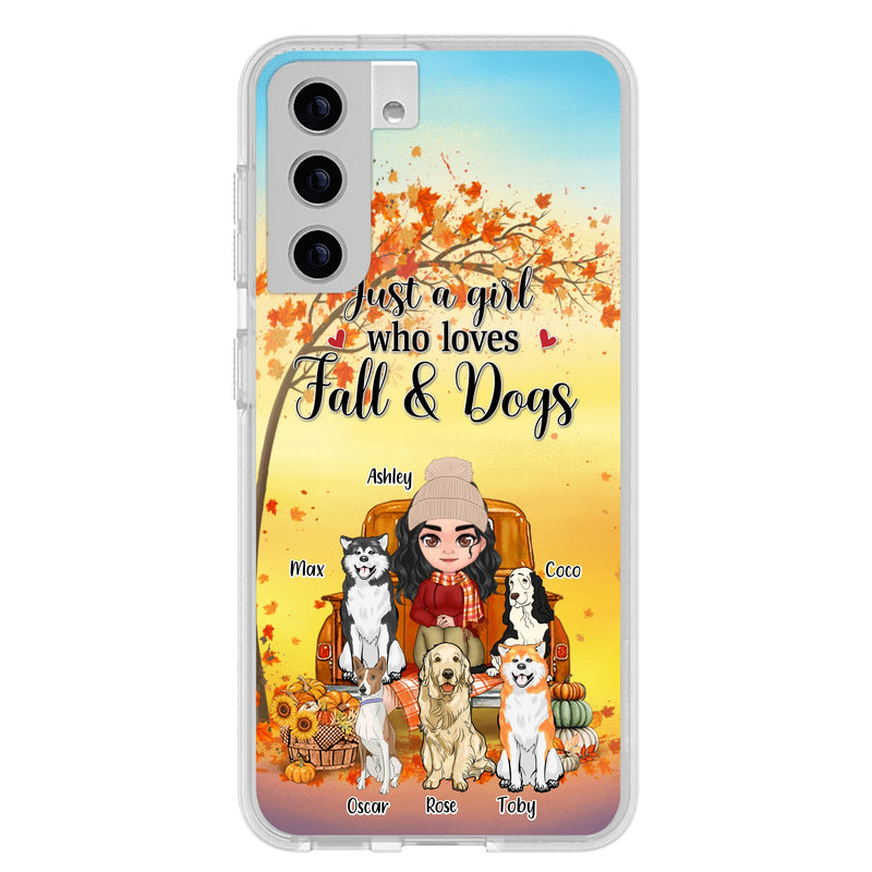Personalized Dog Mom Fall Season Phone Case - Autumn Gift Idea For Dog Owners - Up to 5 Dogs - Case For iPhone/Samsung - Just A Girl Who Loves Fall & Dogs