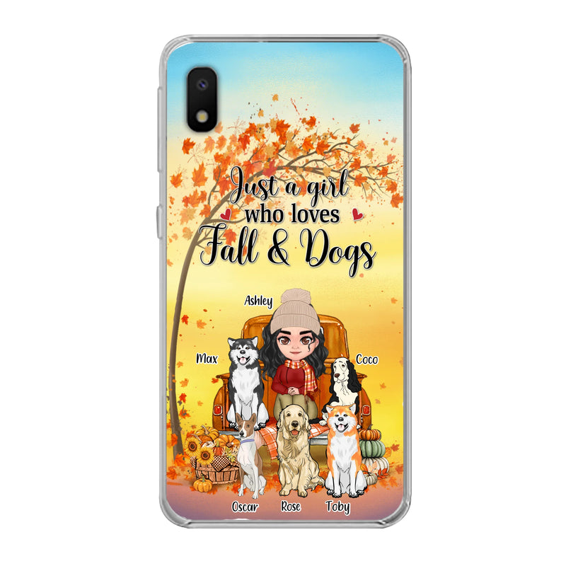 Personalized Dog Mom Fall Season Phone Case - Autumn Gift Idea For Dog Owners - Up to 5 Dogs - Case For iPhone/Samsung - Just A Girl Who Loves Fall & Dogs