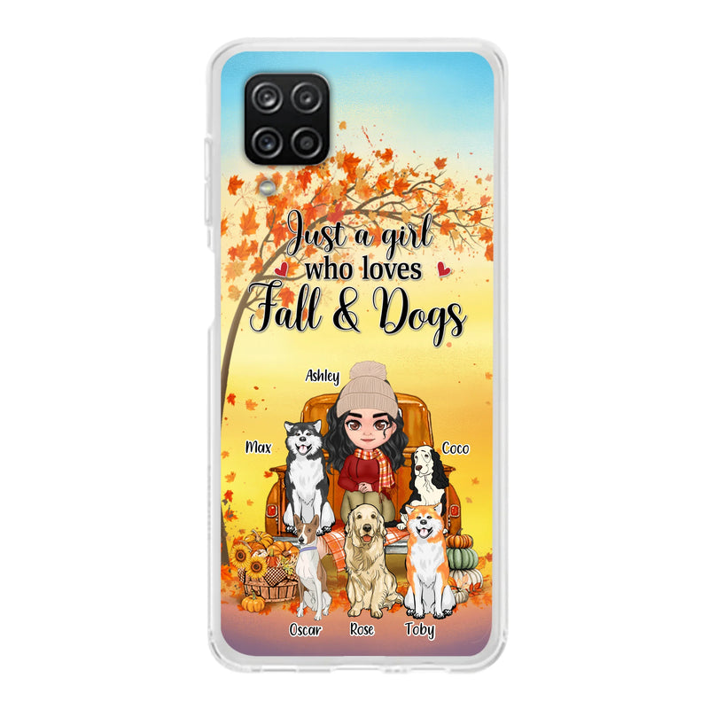 Personalized Dog Mom Fall Season Phone Case - Autumn Gift Idea For Dog Owners - Up to 5 Dogs - Case For iPhone/Samsung - Just A Girl Who Loves Fall & Dogs