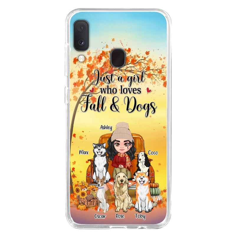 Personalized Dog Mom Fall Season Phone Case - Autumn Gift Idea For Dog Owners - Up to 5 Dogs - Case For iPhone/Samsung - Just A Girl Who Loves Fall & Dogs