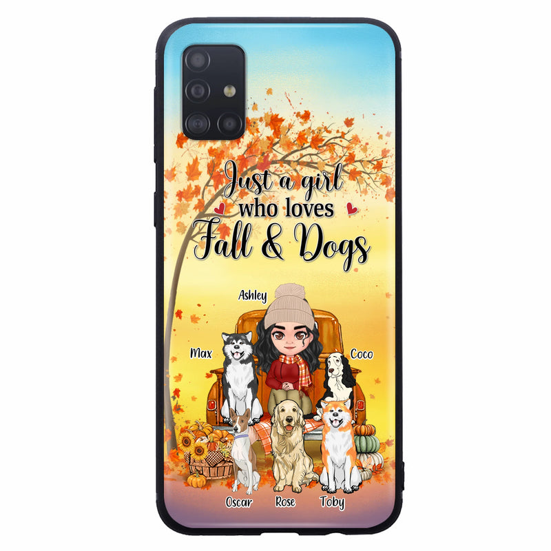 Personalized Dog Mom Fall Season Phone Case - Autumn Gift Idea For Dog Owners - Up to 5 Dogs - Case For iPhone/Samsung - Just A Girl Who Loves Fall & Dogs