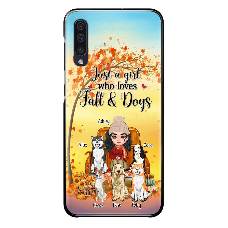 Personalized Dog Mom Fall Season Phone Case - Autumn Gift Idea For Dog Owners - Up to 5 Dogs - Case For iPhone/Samsung - Just A Girl Who Loves Fall & Dogs