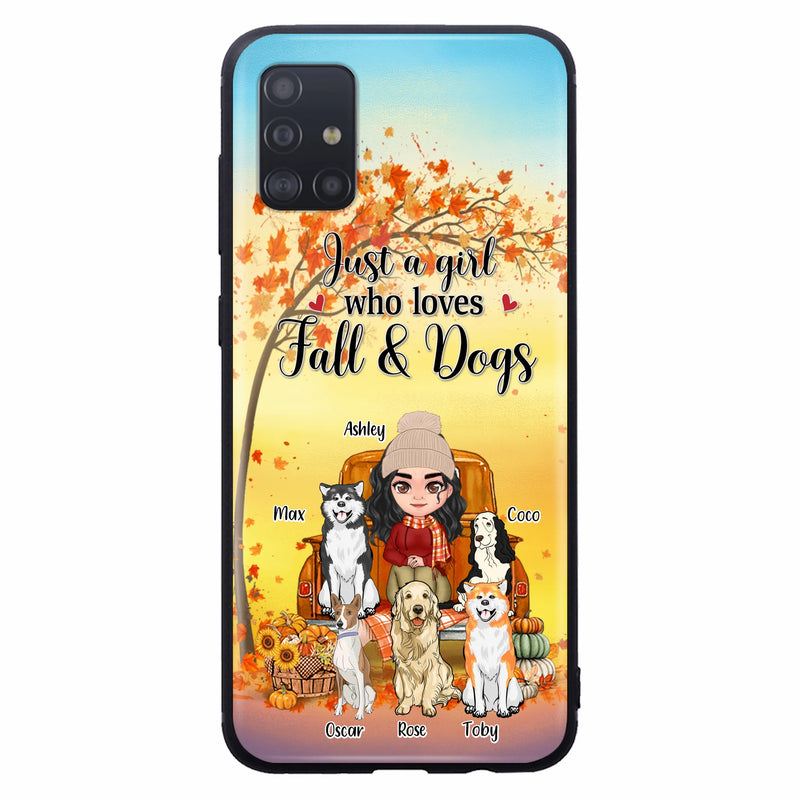 Personalized Dog Mom Fall Season Phone Case - Autumn Gift Idea For Dog Owners - Up to 5 Dogs - Case For iPhone/Samsung - Just A Girl Who Loves Fall & Dogs