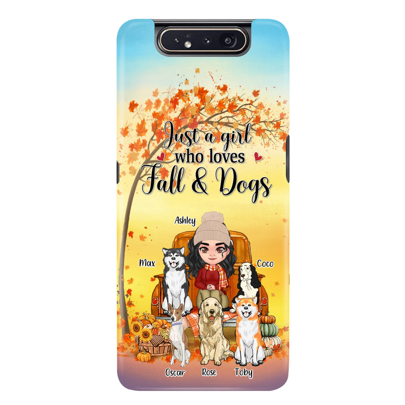 Personalized Dog Mom Fall Season Phone Case - Autumn Gift Idea For Dog Owners - Up to 5 Dogs - Case For iPhone/Samsung - Just A Girl Who Loves Fall & Dogs