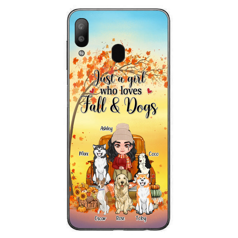 Personalized Dog Mom Fall Season Phone Case - Autumn Gift Idea For Dog Owners - Up to 5 Dogs - Case For iPhone/Samsung - Just A Girl Who Loves Fall & Dogs