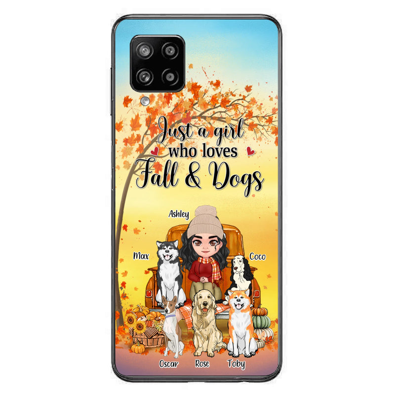 Personalized Dog Mom Fall Season Phone Case - Autumn Gift Idea For Dog Owners - Up to 5 Dogs - Case For iPhone/Samsung - Just A Girl Who Loves Fall & Dogs