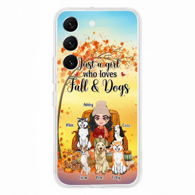 Personalized Dog Mom Fall Season Phone Case - Autumn Gift Idea For Dog Owners - Up to 5 Dogs - Case For iPhone/Samsung - Just A Girl Who Loves Fall & Dogs