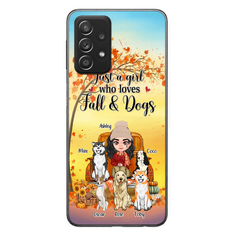 Personalized Dog Mom Fall Season Phone Case - Autumn Gift Idea For Dog Owners - Up to 5 Dogs - Case For iPhone/Samsung - Just A Girl Who Loves Fall & Dogs