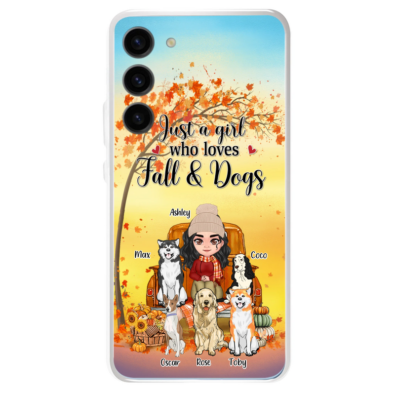 Personalized Dog Mom Fall Season Phone Case - Autumn Gift Idea For Dog Owners - Up to 5 Dogs - Case For iPhone/Samsung - Just A Girl Who Loves Fall & Dogs