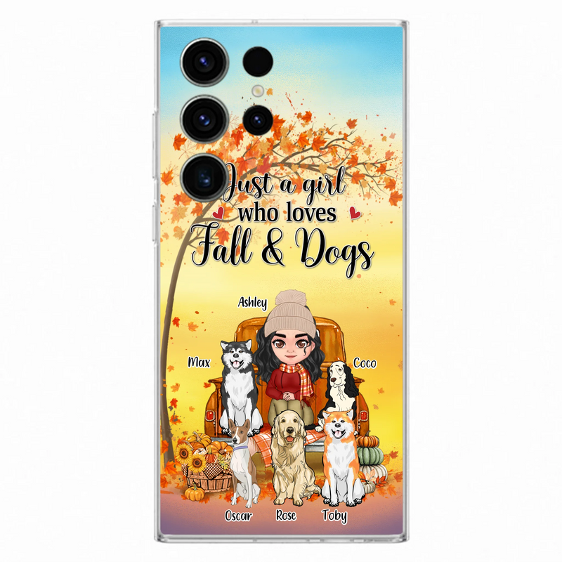 Personalized Dog Mom Fall Season Phone Case - Autumn Gift Idea For Dog Owners - Up to 5 Dogs - Case For iPhone/Samsung - Just A Girl Who Loves Fall & Dogs
