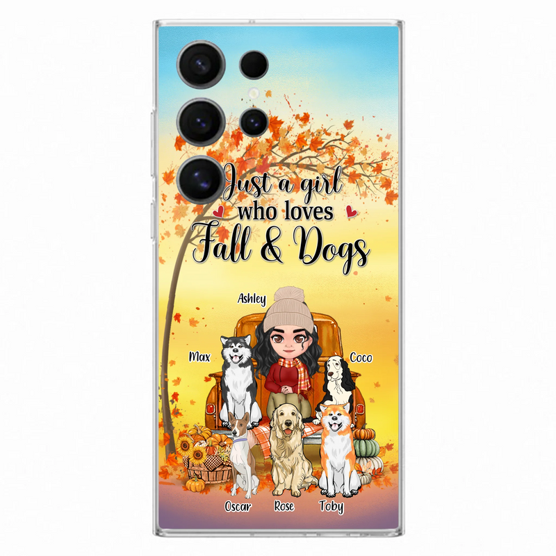 Personalized Dog Mom Fall Season Phone Case - Autumn Gift Idea For Dog Owners - Up to 5 Dogs - Case For iPhone/Samsung - Just A Girl Who Loves Fall & Dogs
