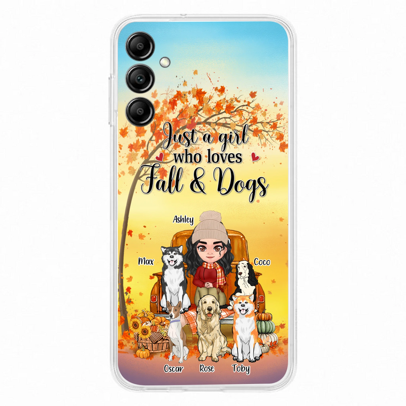 Personalized Dog Mom Fall Season Phone Case - Autumn Gift Idea For Dog Owners - Up to 5 Dogs - Case For iPhone/Samsung - Just A Girl Who Loves Fall & Dogs
