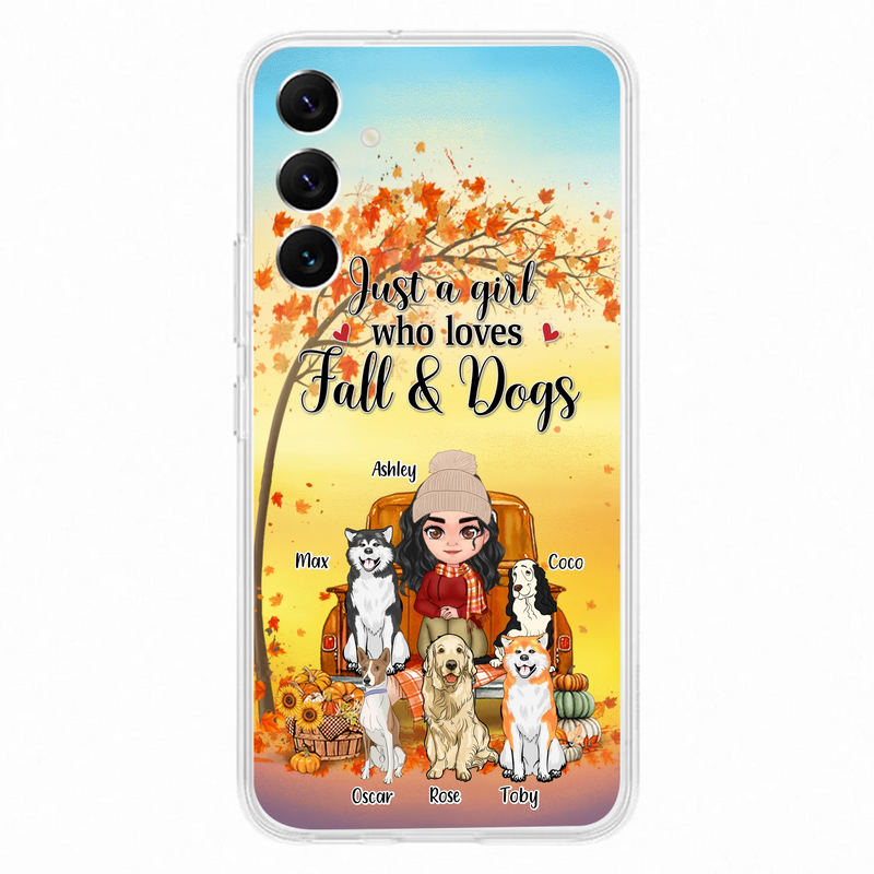 Personalized Dog Mom Fall Season Phone Case - Autumn Gift Idea For Dog Owners - Up to 5 Dogs - Case For iPhone/Samsung - Just A Girl Who Loves Fall & Dogs
