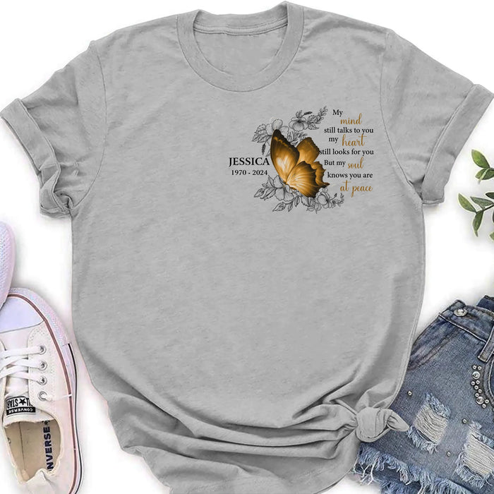 Custom Personalized Memorial Butterfly Shirt/Hoodie - Upto 4 Butterflies - Memorial Gift Idea for Mother's Day/Father's Day - My Mind Still Talks To You