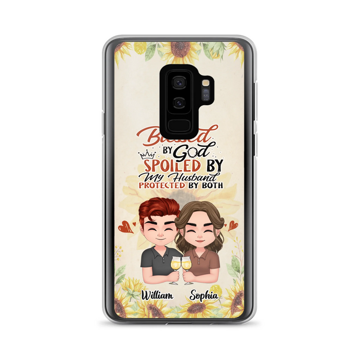 Custom Personalized Chibi Couple Phone Case - Gift Idea For Couple - Blessed By God, Spoiled By My Husband, Protected By Both - Case For iPhone & Samsung