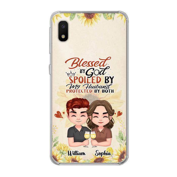 Custom Personalized Chibi Couple Phone Case - Gift Idea For Couple - Blessed By God, Spoiled By My Husband, Protected By Both - Case For iPhone & Samsung