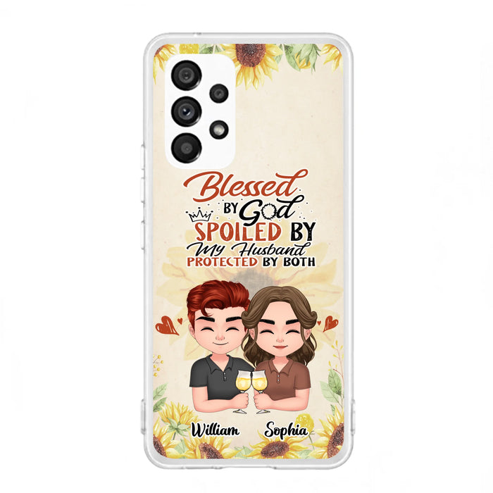 Custom Personalized Chibi Couple Phone Case - Gift Idea For Couple - Blessed By God, Spoiled By My Husband, Protected By Both - Case For iPhone & Samsung