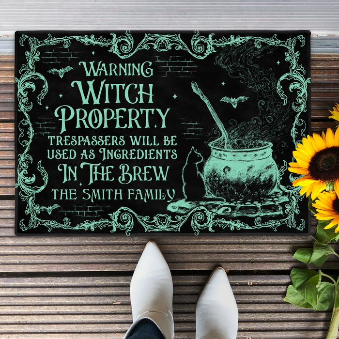 Personalized Witch Doormat - Halloween Gift Idea For Family - Warning Witch Property Trespassers Will Be Used As Ingredients In The Brew