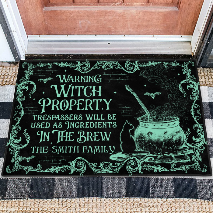 Personalized Witch Doormat - Halloween Gift Idea For Family - Warning Witch Property Trespassers Will Be Used As Ingredients In The Brew