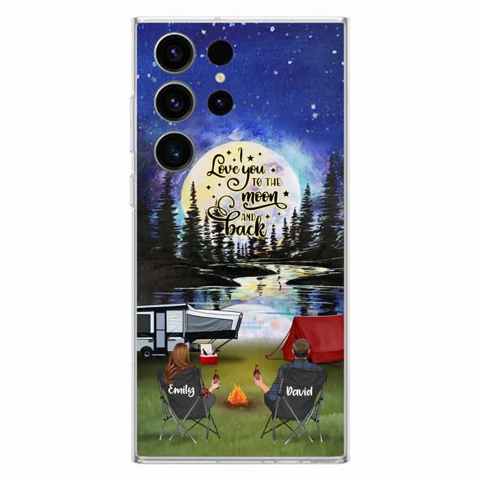 Custom Personalized Camping Moon Phone Case - Couple/ Parents With Upto 3 Kids And 4 Pets - Gift Idea For Camping Lover - I Love You To The Moon And Back - Case For iPhone And Samsung
