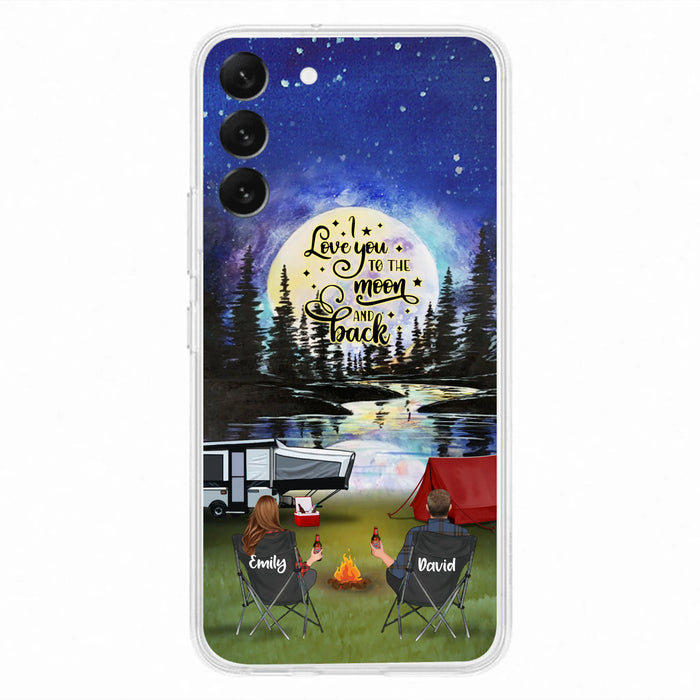 Custom Personalized Camping Moon Phone Case - Couple/ Parents With Upto 3 Kids And 4 Pets - Gift Idea For Camping Lover - I Love You To The Moon And Back - Case For iPhone And Samsung