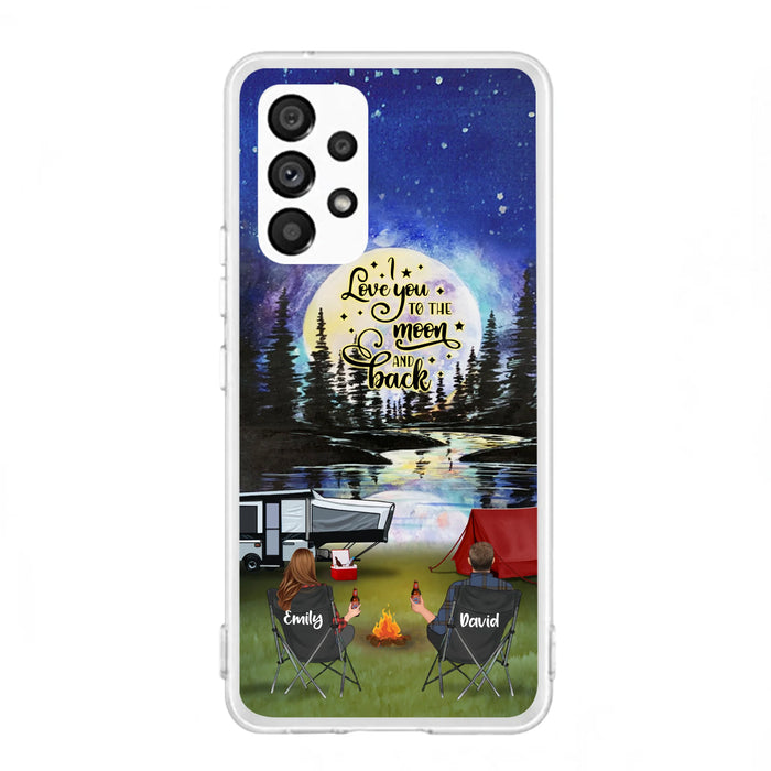 Custom Personalized Camping Moon Phone Case - Couple/ Parents With Upto 3 Kids And 4 Pets - Gift Idea For Camping Lover - I Love You To The Moon And Back - Case For iPhone And Samsung