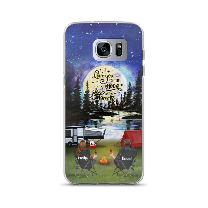 Custom Personalized Camping Moon Phone Case - Couple/ Parents With Upto 3 Kids And 4 Pets - Gift Idea For Camping Lover - I Love You To The Moon And Back - Case For iPhone And Samsung