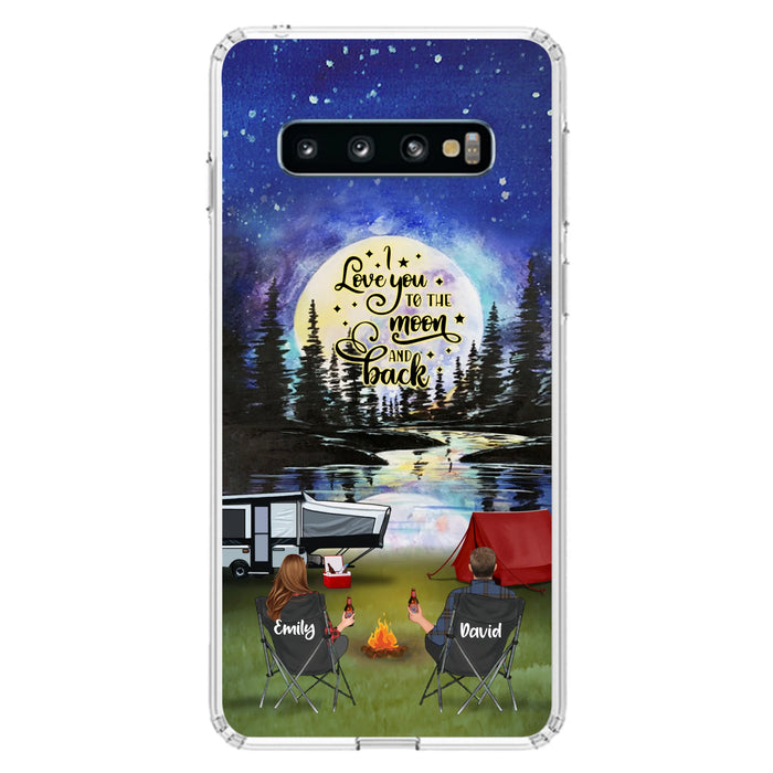 Custom Personalized Camping Moon Phone Case - Couple/ Parents With Upto 3 Kids And 4 Pets - Gift Idea For Camping Lover - I Love You To The Moon And Back - Case For iPhone And Samsung