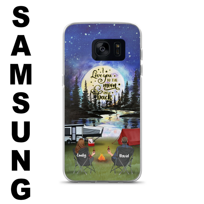 Custom Personalized Camping Moon Phone Case - Couple/ Parents With Upto 3 Kids And 4 Pets - Gift Idea For Camping Lover - I Love You To The Moon And Back - Case For iPhone And Samsung