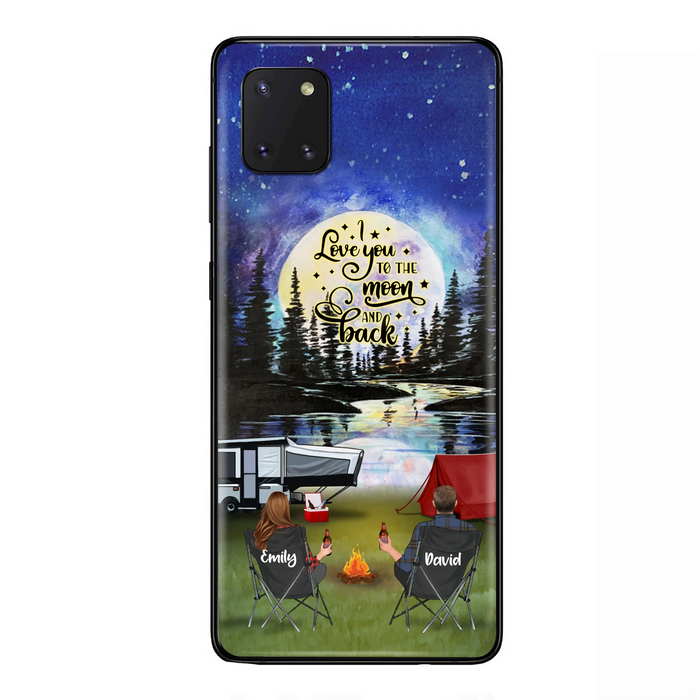 Custom Personalized Camping Moon Phone Case - Couple/ Parents With Upto 3 Kids And 4 Pets - Gift Idea For Camping Lover - I Love You To The Moon And Back - Case For iPhone And Samsung