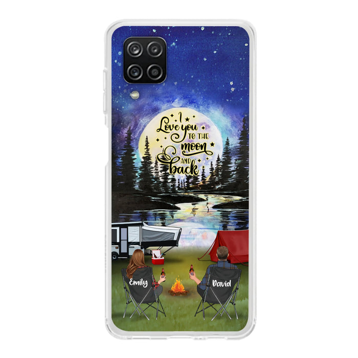 Custom Personalized Camping Moon Phone Case - Couple/ Parents With Upto 3 Kids And 4 Pets - Gift Idea For Camping Lover - I Love You To The Moon And Back - Case For iPhone And Samsung