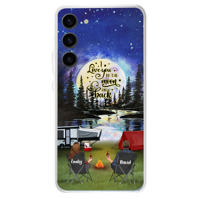 Custom Personalized Camping Moon Phone Case - Couple/ Parents With Upto 3 Kids And 4 Pets - Gift Idea For Camping Lover - I Love You To The Moon And Back - Case For iPhone And Samsung
