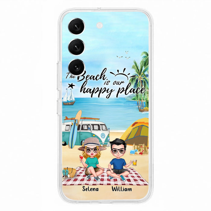 Custom Personalized Summer Beach Picnic Camping Phone Case - Upto 5 People - Gift Idea For Camping Couple/ Friends - The Beach Is Our Happy Place - Case For iPhone And Samsung