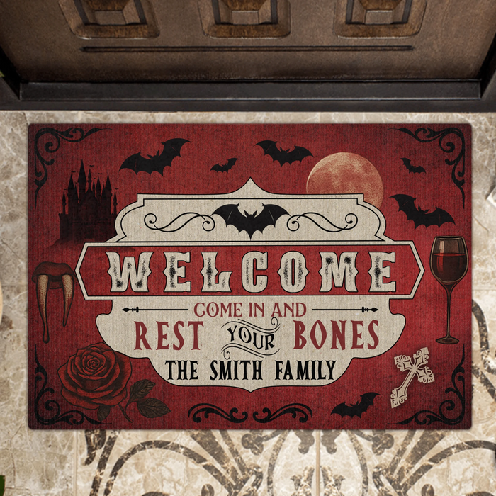 Personalized Horror Doormat - Halloween Gift Idea For Family - Welcome Come In And Rest Your Bones