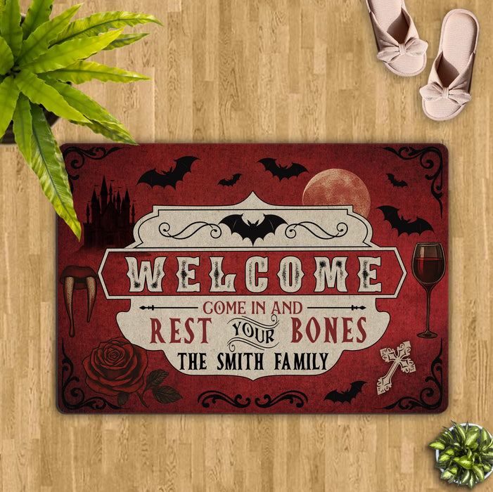 Personalized Horror Doormat - Halloween Gift Idea For Family - Welcome Come In And Rest Your Bones