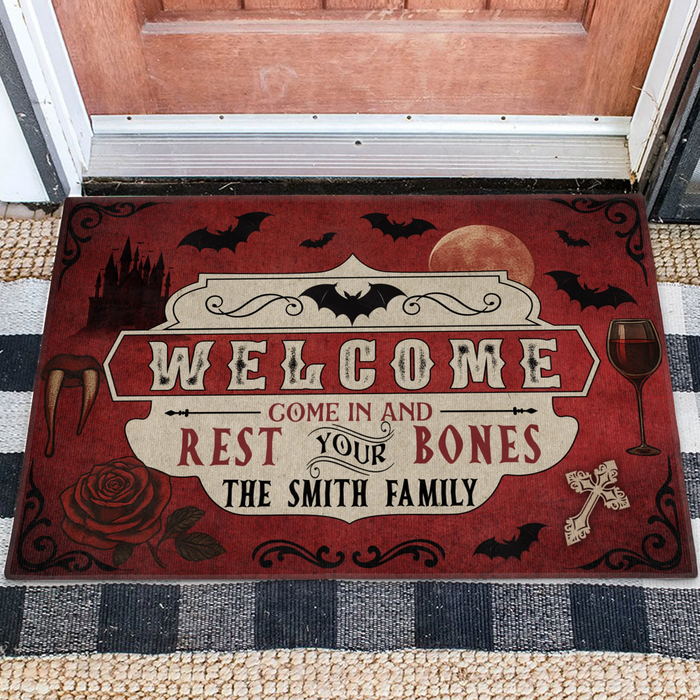 Personalized Horror Doormat - Halloween Gift Idea For Family - Welcome Come In And Rest Your Bones