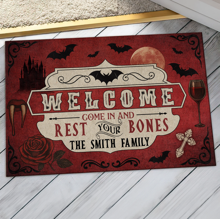 Personalized Horror Doormat - Halloween Gift Idea For Family - Welcome Come In And Rest Your Bones