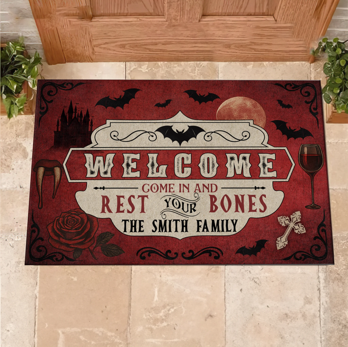 Personalized Horror Doormat - Halloween Gift Idea For Family - Welcome Come In And Rest Your Bones