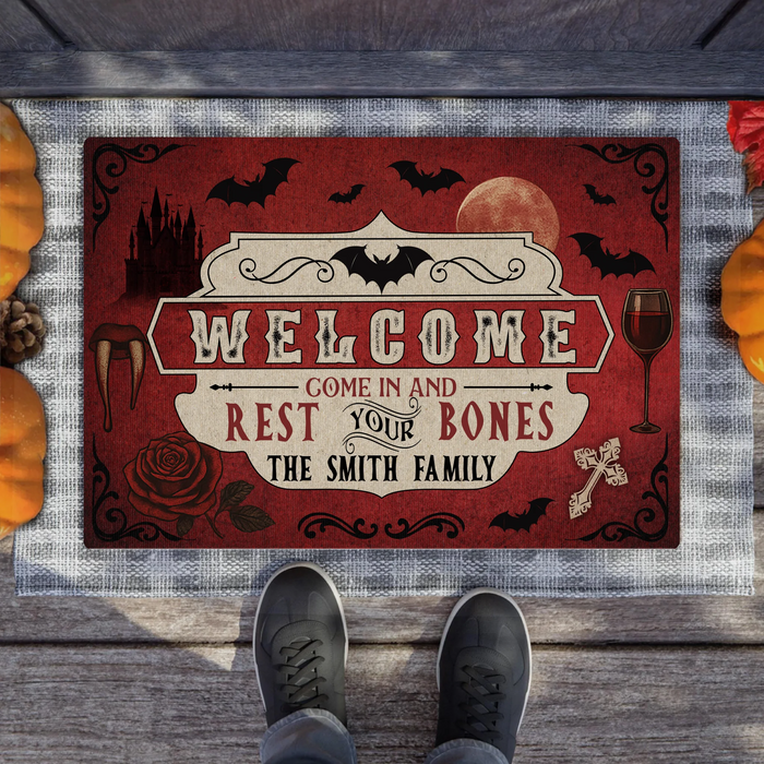 Personalized Horror Doormat - Halloween Gift Idea For Family - Welcome Come In And Rest Your Bones