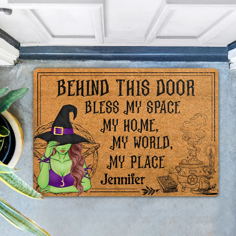Personalized Witch Doormat - Halloween Gift Idea For Witch Lover - Behind This Door Bless My Space My Home My World My Place