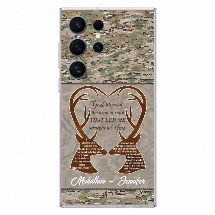 Custom Personalized Deer Hunting Heart Phone Case - Gift Idea For Couple - God Blessed The Broken Road That Led Me Straight To You - Case For iPhone And Samsung