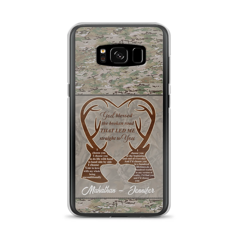 Custom Personalized Deer Hunting Heart Phone Case - Gift Idea For Couple - God Blessed The Broken Road That Led Me Straight To You - Case For iPhone And Samsung