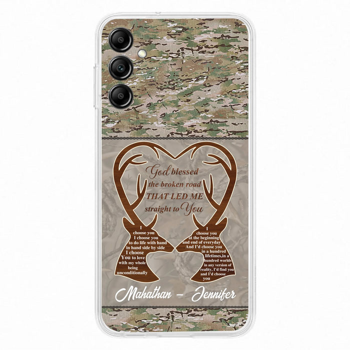 Custom Personalized Deer Hunting Heart Phone Case - Gift Idea For Couple - God Blessed The Broken Road That Led Me Straight To You - Case For iPhone And Samsung