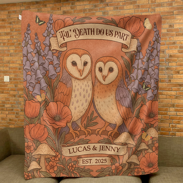 Personalized Owl Couple Cottage Quilt/Fleece Throw Blanket - Gift Idea For Couple - Til' Death Do Us Part