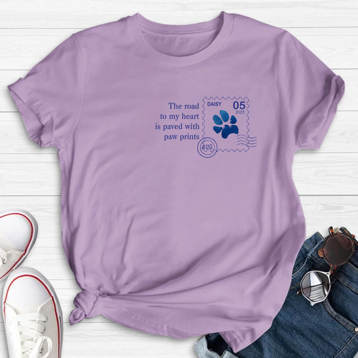 Personalized Memorial Pet Stamp Sticker Design T-shirt/Long Sleeve/Sweatshirt/Hoodie - Memorial Gift Idea For Dog Lover - The Road To My Heart Is Paved With Paw Prints