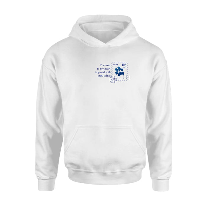 Personalized Memorial Pet Stamp Sticker Design T-shirt/Long Sleeve/Sweatshirt/Hoodie - Memorial Gift Idea For Dog Lover - The Road To My Heart Is Paved With Paw Prints